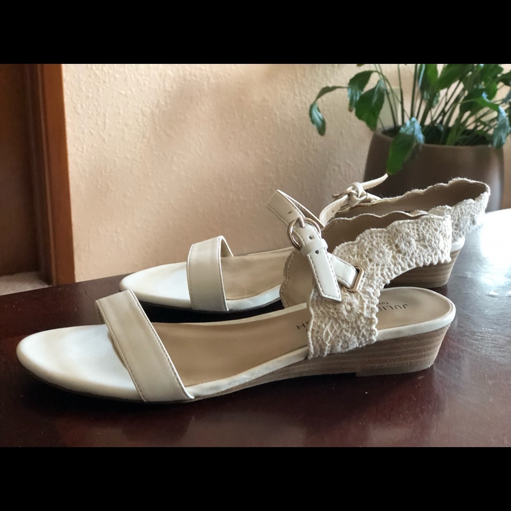 White Julianne Hough low wedge sandals, size 7